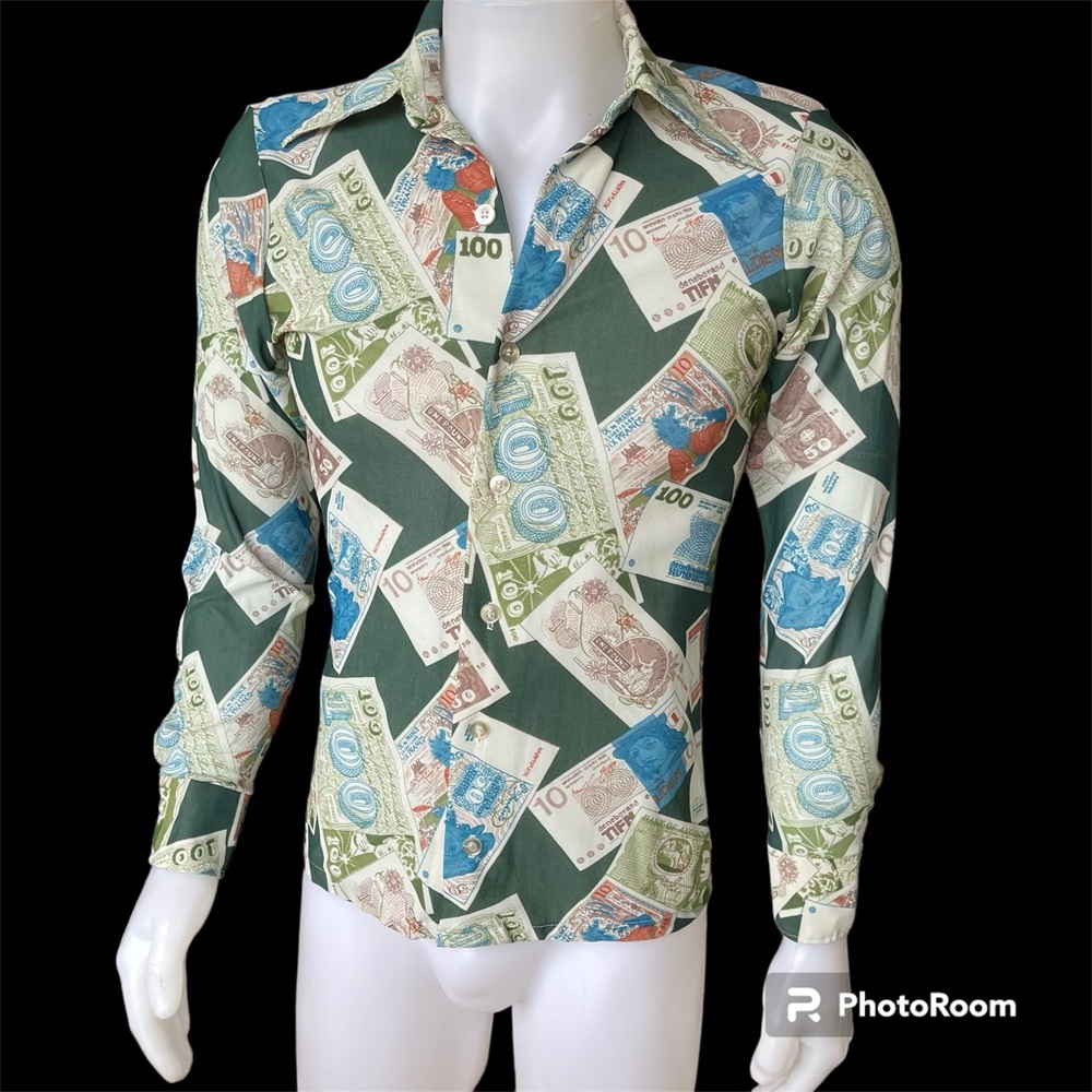 Rare Vintage 70s Money Themed Wide Collar Polyester Disco Shirt Sz M